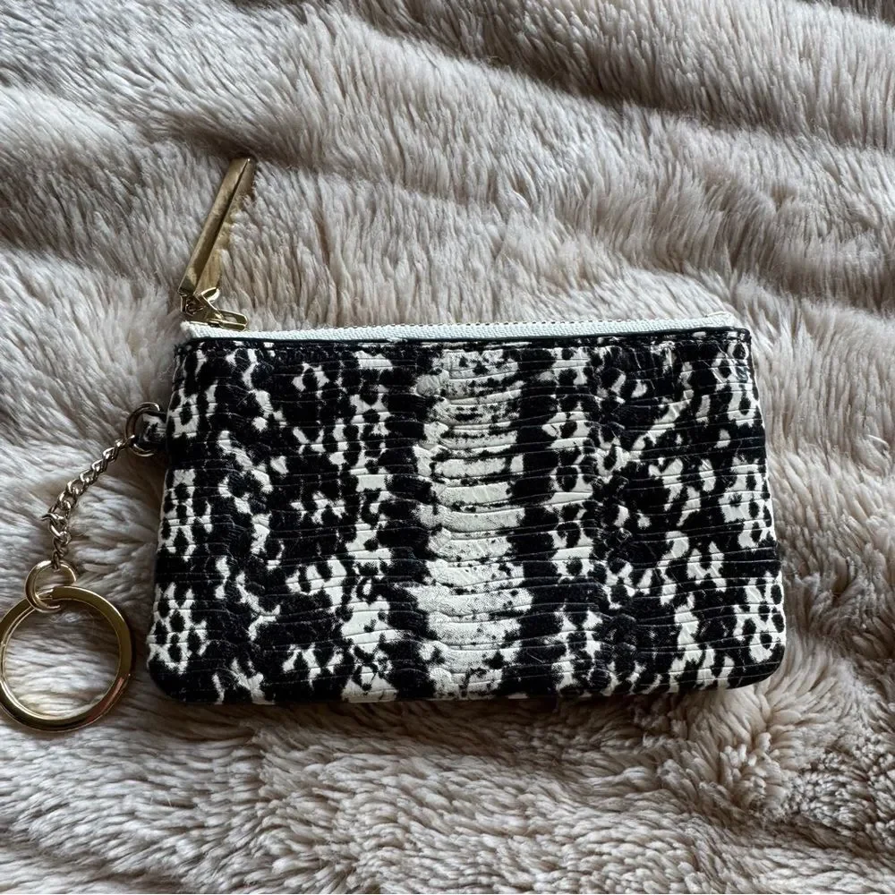 NEW Rebecca Minkoff Black White Snakeskin Zip Top Key Ring Coin Purse